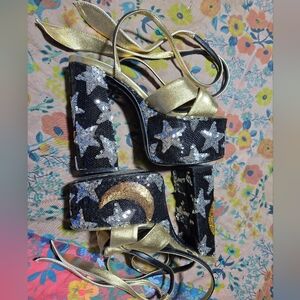 Black, silver and gold sequin, lace up platforms size 39